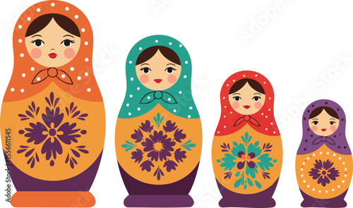 Russian nesting dolls traditional matryoshka set with colorful floral patterns and painted faces vector illustration