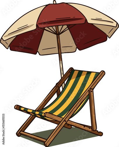 Beach chair with striped fabric under red and beige umbrella summer relaxation vector illustration