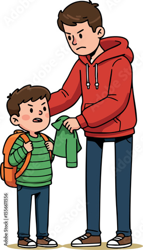 Brother and younger sibling arguing with angry expression vector illustration in casual clothes and backpack