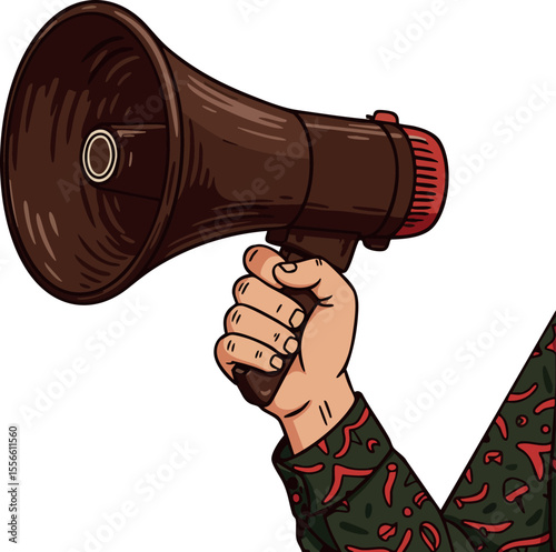 Hand holding megaphone shouting announcement for communication and protest vector illustration