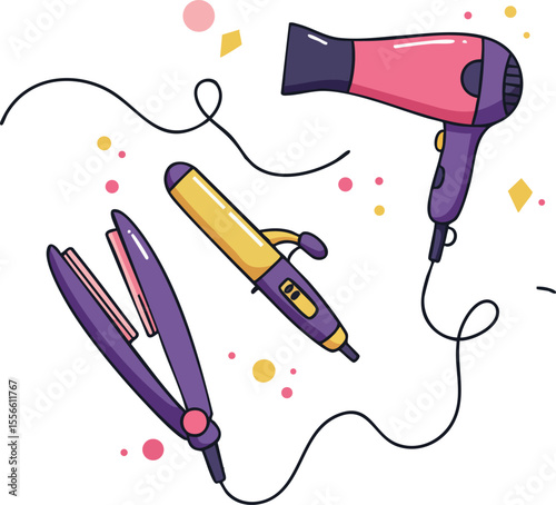 Hair styling tools hairdryer flat iron curling iron vector illustration colorful design