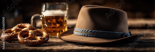 Traditional Bavarian felt hat with blue cord, pretzels and beer mug on rustic wooden table, dramatic lighting and soft background blur create authentic Oktoberfest still life