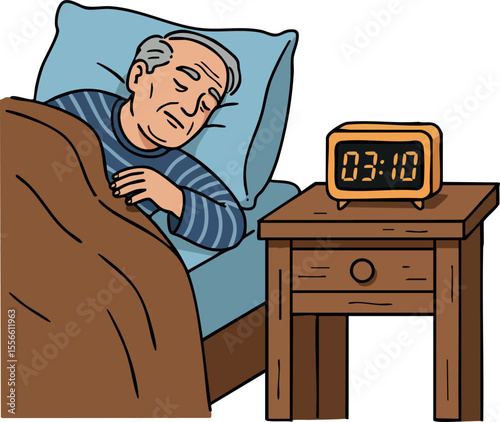 Elderly man sleeping peacefully in bed with digital clock showing early morning time vector illustration