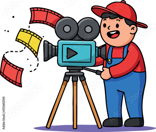 Young boy filming with vintage movie camera wearing red cap and blue overalls vector illustration