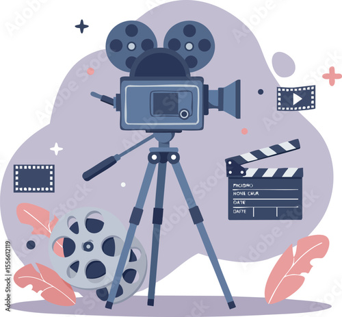 Vintage film camera with movie reel and clapperboard vector illustration for cinema and filmmaking design