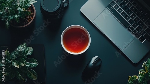 Organized workspace with laptop, tea, and plants