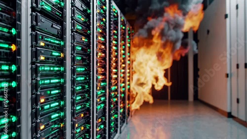 Intense data center emergency as fire and smoke engulf server room in alarmed sequence