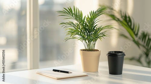 Office workspace with plant, coffee, and notepad