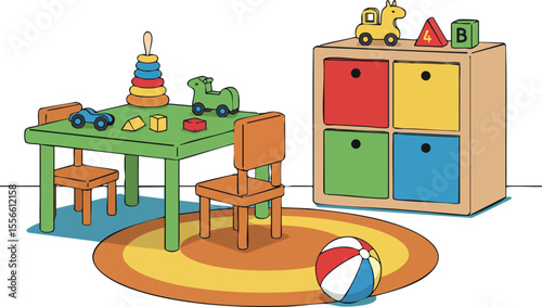 Childrens playroom with colorful toys and furniture including table chairs cubes and ball for early learning and fun environment