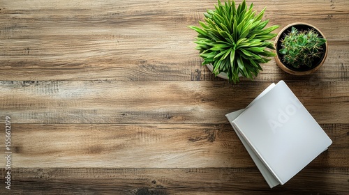 Simple workspace with plants and books