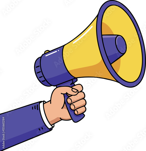 Megaphone held by hand in purple suit sleeve loudspeaker for announcements and communication vector illustration