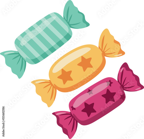 Colorful wrapped candy sweets in green orange and pink with star patterns vector illustration