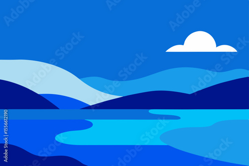Serene Blue Mountain Lake A Minimalist Landscape Illustration