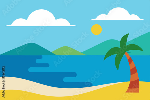 Tropical Beach Paradise Sun, Sand, and Sea Escape Illustration