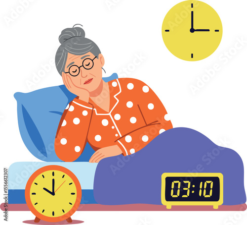 Elderly woman lying awake in bed wearing orange polka dot pajamas with clocks showing early morning time vector illustration