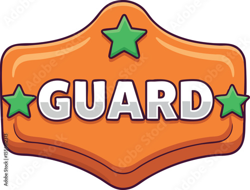 Guard badge icon with green stars on orange shield shape vector design illustration