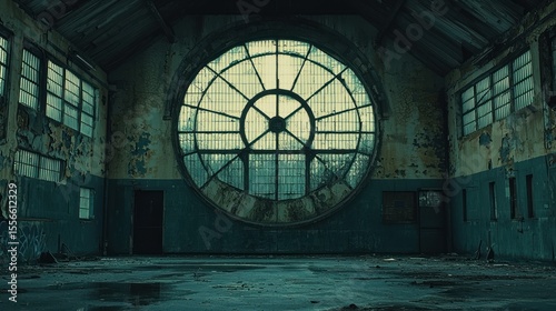 Abandoned industrial hall with large circular window