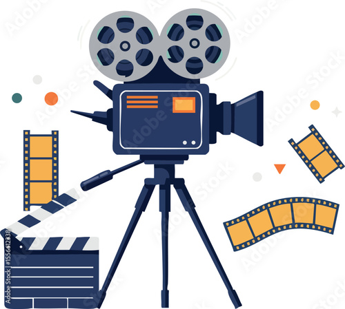 Vintage movie camera with film reels clapperboard and filmstrip vector illustration for cinema and filmmaking design