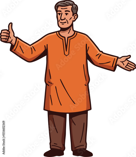 Elderly man wearing orange traditional shirt giving thumbs up and welcoming gesture vector illustration