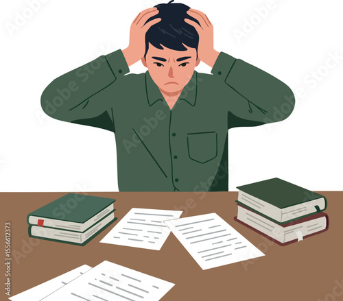 Young man stressed studying with books and papers feeling overwhelmed with homework pressure vector illustration