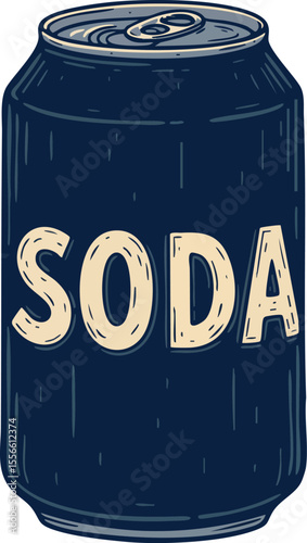 Dark blue soda can with vintage style lettering and metallic top vector illustration for beverage design and refreshment marketing