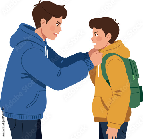 Aggressive teenage boy bullying younger schoolboy with yellow hoodie and green backpack vector illustration