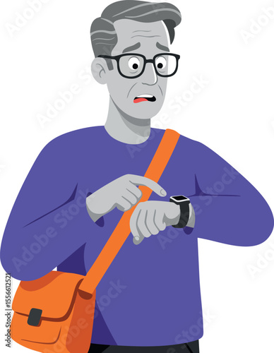 Older man looking worried checking time on smartwatch with orange bag and purple sweater vector illustration