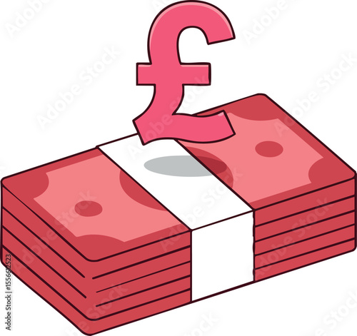 Stack of red banknotes with pink pound sterling currency symbol vector illustration finance concept