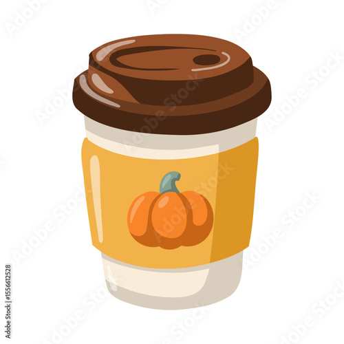 Cozy cup of pumpkin latte with brown lid and pumpkin label. Take-away autumn drink. Cartoon vector illustration 