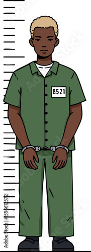 Prisoner standing with handcuffs and prison uniform in mugshot lineup illustration vector art