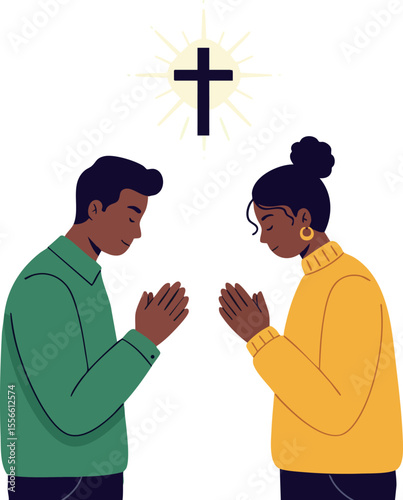 Man and woman praying together under cross religious faith spirituality and devotion vector illustration