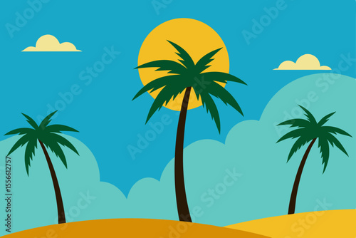Tropical Paradise Sun, Sand, and Palm Trees - Idyllic Beach Scene Illustration