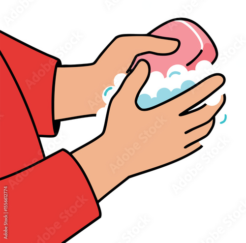 Hands washing with pink soap bar and foam in personal hygiene cleanliness concept vector illustration