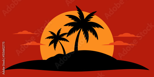 Sunset Paradise Tropical Island Silhouette with Palm Trees
