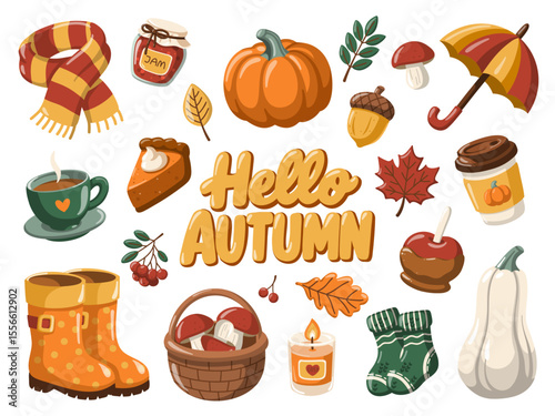 Hello Autumn set. Vector isolated illustrations of cozy fall and seasonal objects on white background