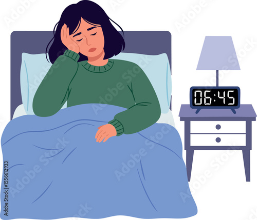 Woman suffering insomnia waking in bed with digital clock reading early morning vector illustration
