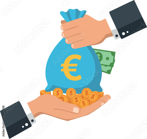 Euro currency money bag handed from one businessman to another with coins and dollar bills vector illustration