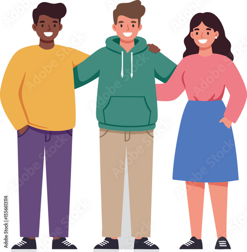 Diverse group of friends standing together smiling casual clothing friendship unity and happiness vector illustration