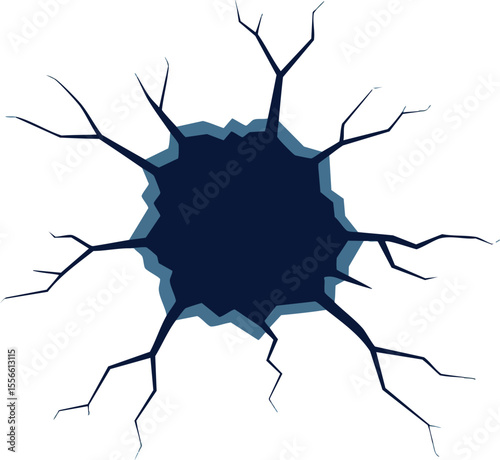 Cracked hole in surface vector art showing damage and broken structure with jagged edges and dark center effect