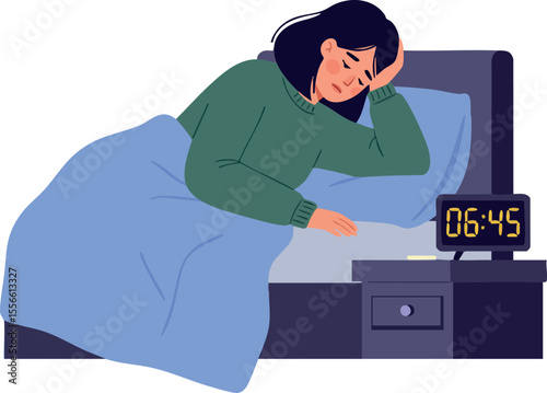 Woman lying in bed waking up early morning tiredness concept with digital clock alarm vector illustration