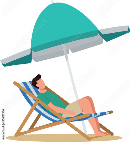 Man Relaxing on Beach Chair Under Blue Sun Umbrella Summer Vacation Leisure Scene Vector Illustration