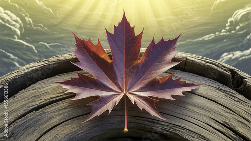 Autumn leaf resting on wooden log with sunlit background