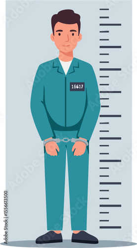 Prisoner standing in front of height measurement chart wearing handcuffs and prison uniform vector illustration