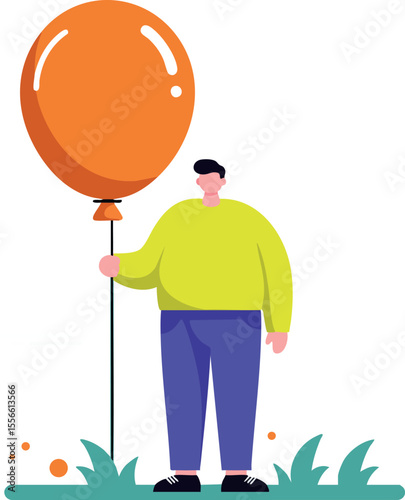 Man holding orange balloon standing on grass in casual outfit bright colors vector illustration