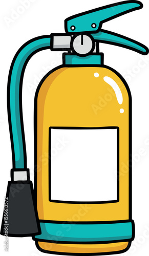 Fire extinguisher vector illustration with yellow body and blue hose safety equipment design
