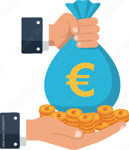 Euro currency money bag with coins in business hands financial wealth concept vector illustration