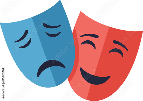 Comedy and tragedy masks symbolizing theater drama art and emotional contrast in blue and red vector illustration