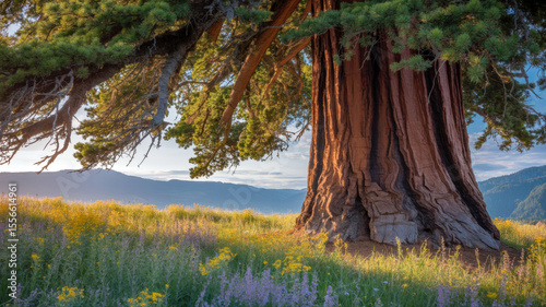 Majestic tree in blooming meadow with mountains in background