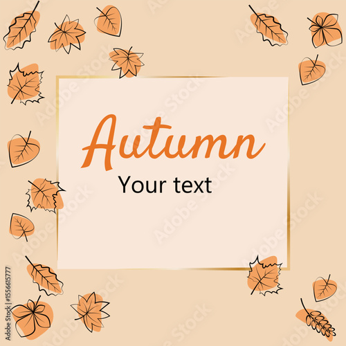 Stylish autumn square design with  line-drawn leaves and a minimal beige background. 