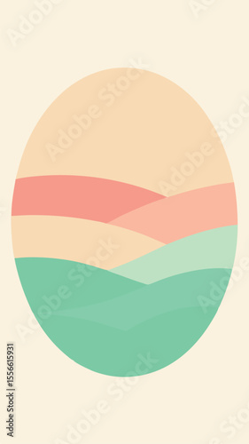 Abstract landscape composition featuring pastel colors inside a modern oval shape
